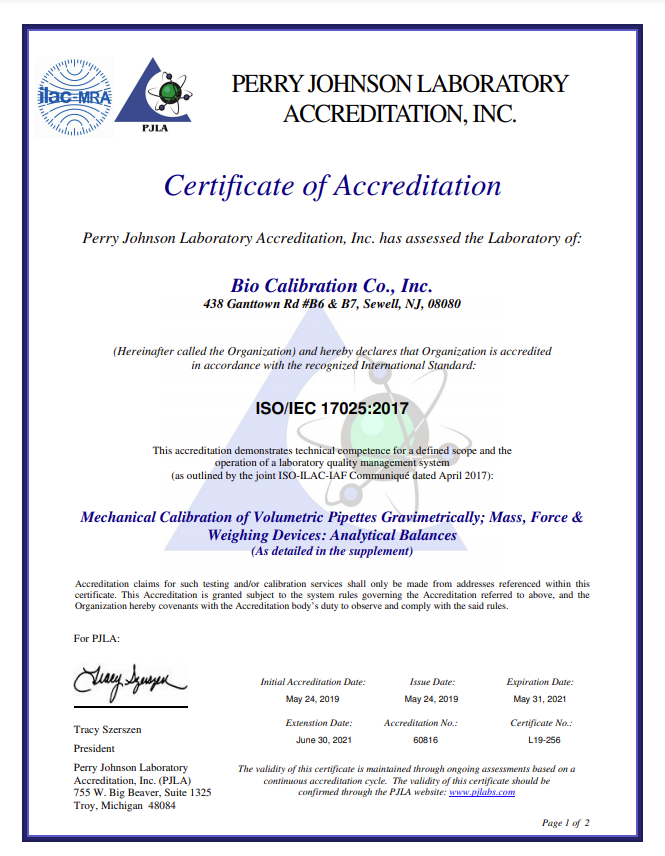 Quality Systems and Compliance Bio Calibration Company, Inc