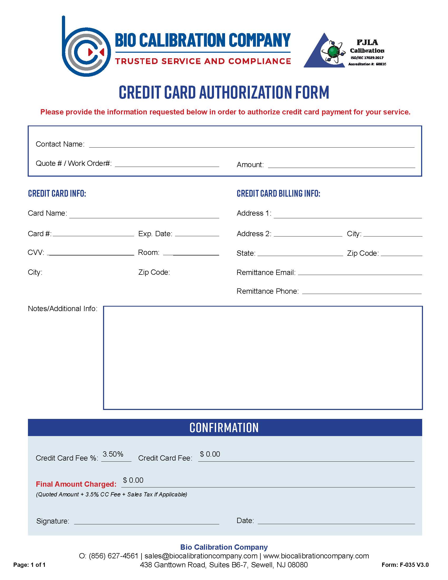 Credit Card Authorization Form