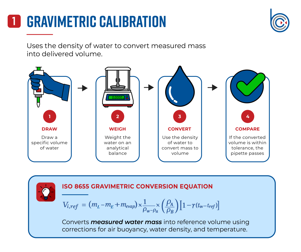 Professional infographic illustrating the gravimetric pipette calibration process. The graphic shows the four primary steps of dispensing water, weighing the sample on an analytical balance, converting mass to volume using the ISO 8655 gravimetric conversion equation, and verifying the pipette against tolerance limits. A brief callout explains that gravimetric calibration determines delivered volume by measuring water mass and applying the density of water.