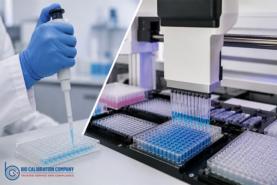 Professional laboratory image comparing manual pipetting by a technician with an automated liquid handling workstation using a robotic multi channel pipetting head to dispense liquid into a 96 well microplate for high throughput laboratory workflows.
