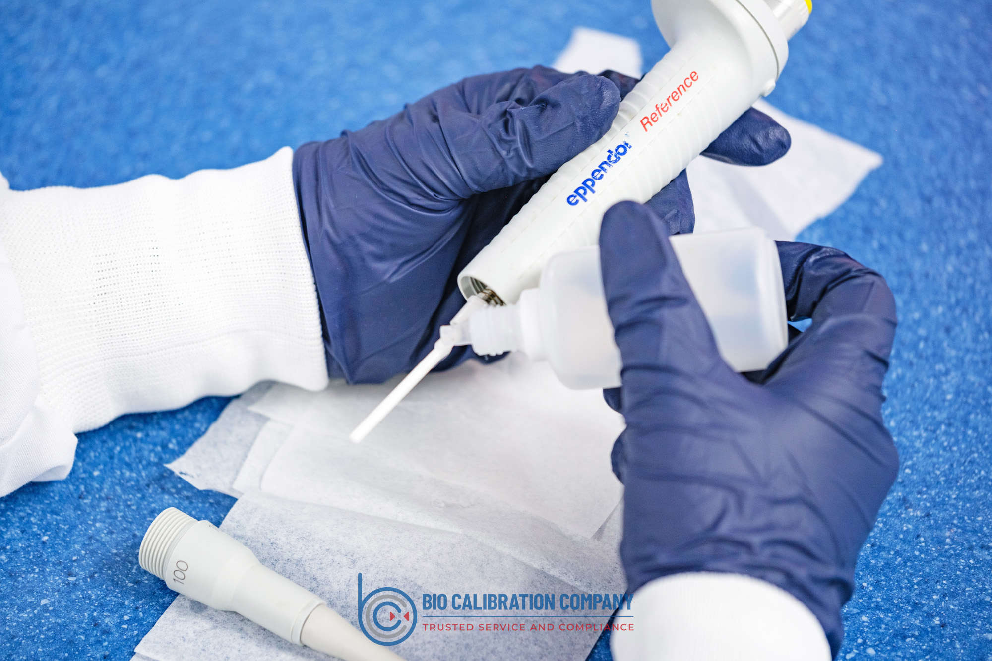 Technician calibrating an Eppendorf pipette at Bio Calibration Company