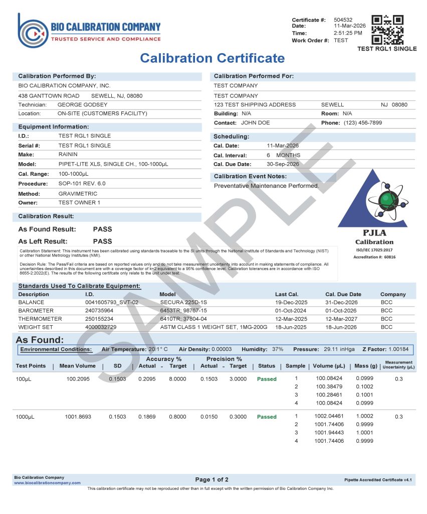 Sample pipette calibration certificate showing calibration results and service information
