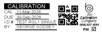 Sample pipette calibration label showing service and equipment identification information