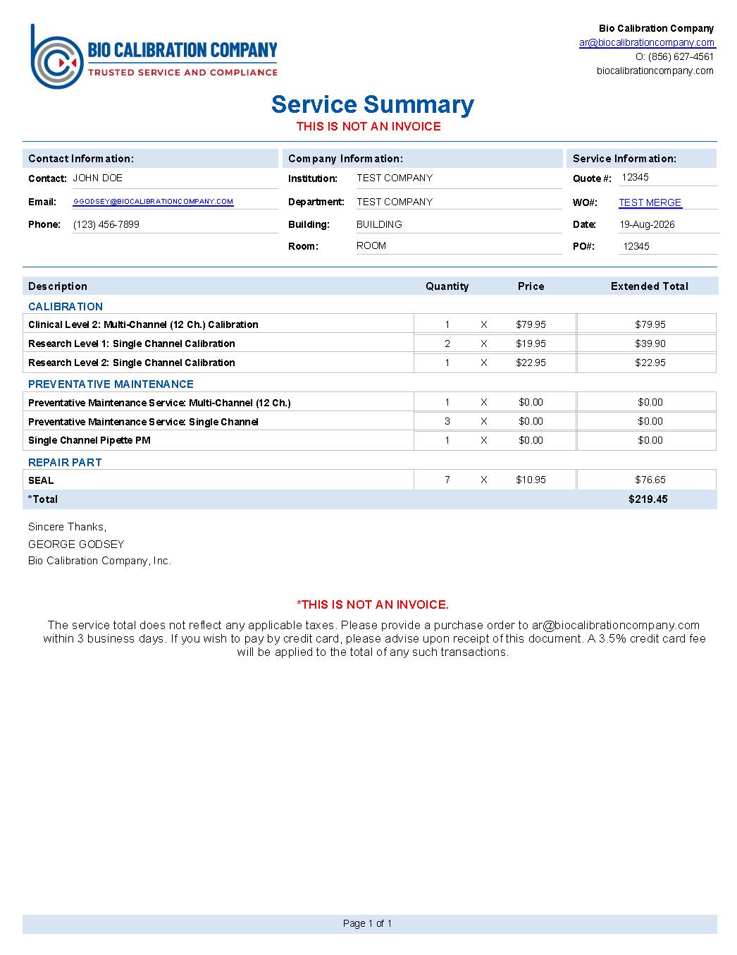 Pipette calibration service summary report showing serviced lab instruments